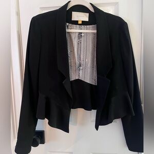 Leifsdottir Anthropologie open-front satin-trim peplum black cropped blazer